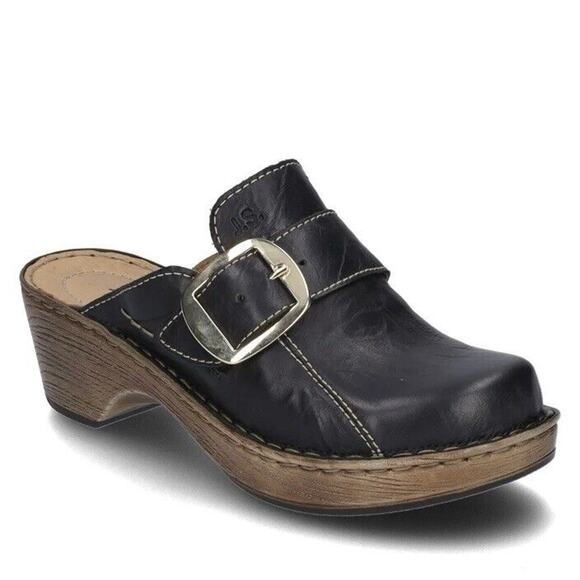 Josef Seibel Lily 10 Black Leather Gold Buckle Slip On Clogs - Picture 1 of 10